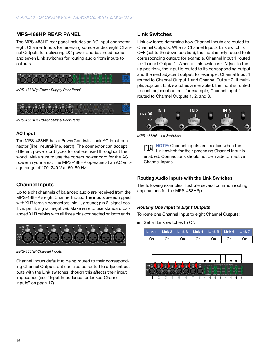 Mps-488hp rear panel, Ac input, Channel inputs | Link switches, Routing audio inputs with the link switches | Meyer Sound MM-10 User Manual | Page 16 / 56