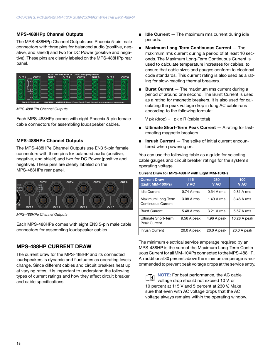 Mps-488hpp channel outputs, Mps-488hpe channel outputs, Mps-488hp current draw | Meyer Sound MM-10 User Manual | Page 18 / 56