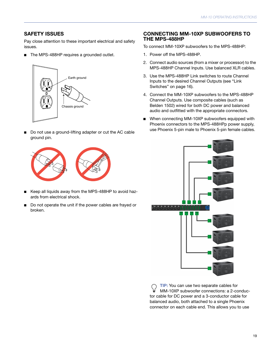 Safety issues, Connecting mm-10xp subwoofers to the mps-488hp | Meyer Sound MM-10 User Manual | Page 19 / 56