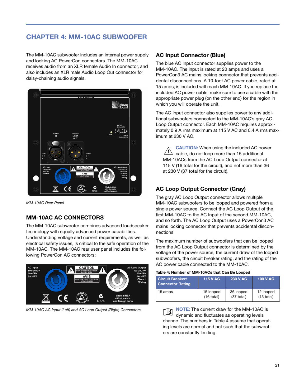 Chapter 4: mm-10ac subwoofer, Mm-10ac ac connectors, Ac input connector (blue) | Ac loop output connector (gray) | Meyer Sound MM-10 User Manual | Page 21 / 56