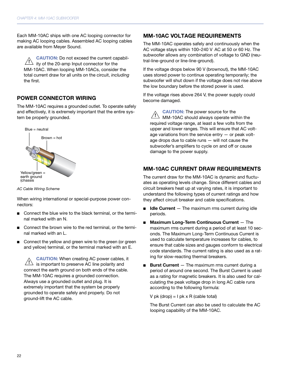 Power connector wiring, Mm-10ac voltage requirements, Mm-10ac current draw requirements | Meyer Sound MM-10 User Manual | Page 22 / 56