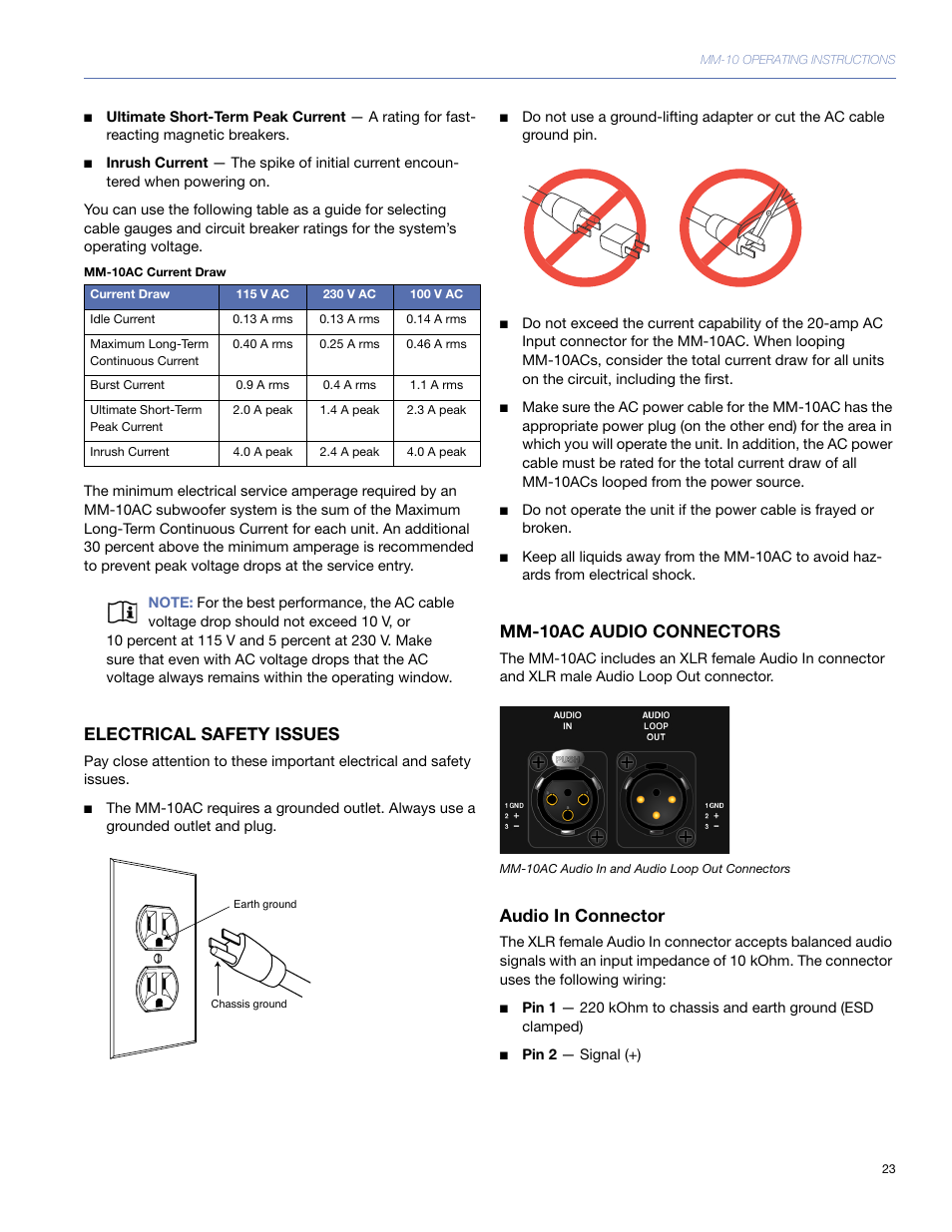 Electrical safety issues, Mm-10ac audio connectors, Audio in connector | Meyer Sound MM-10 User Manual | Page 23 / 56