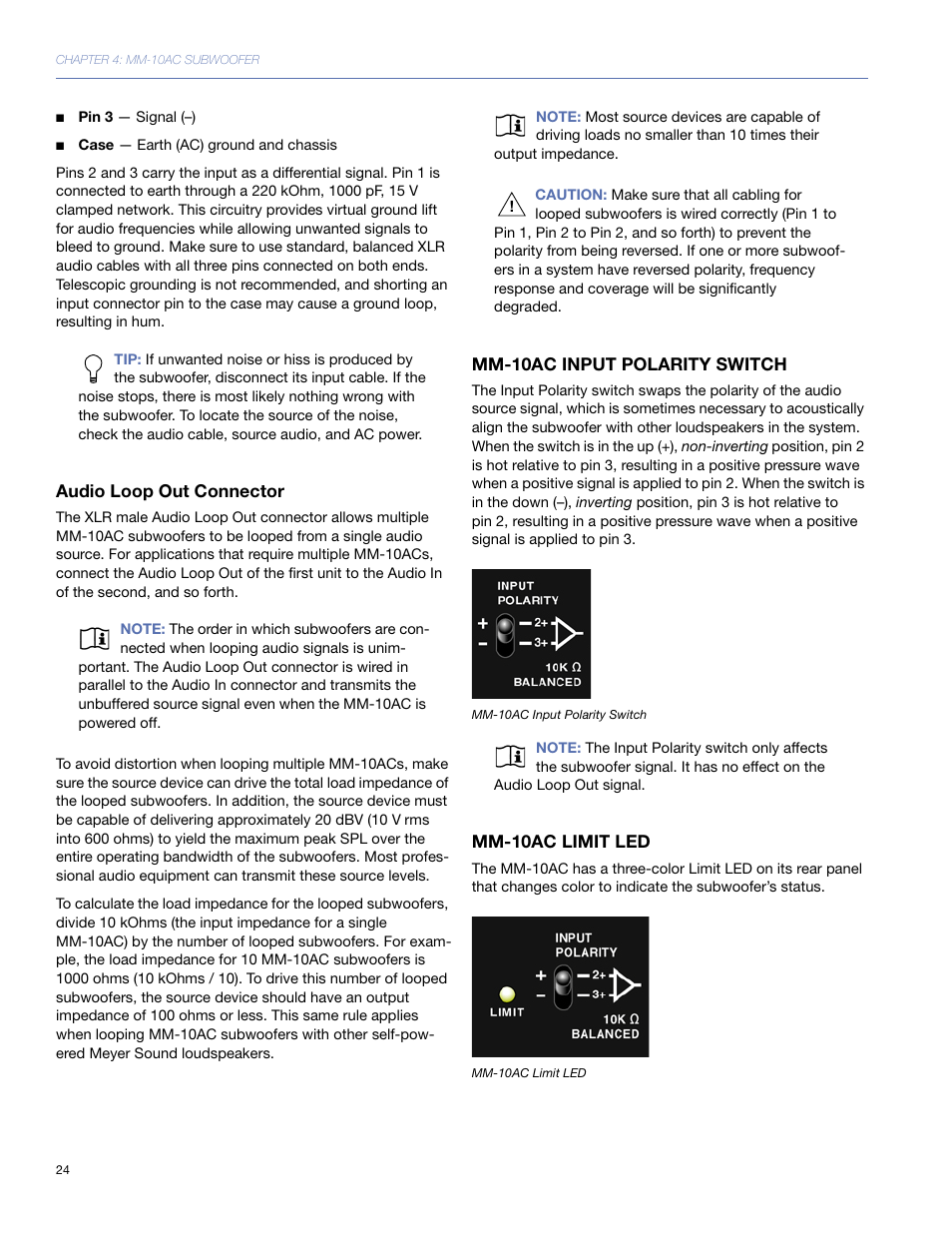 Audio loop out connector, Mm-10ac input polarity switch, Mm-10ac limit led | Meyer Sound MM-10 User Manual | Page 24 / 56