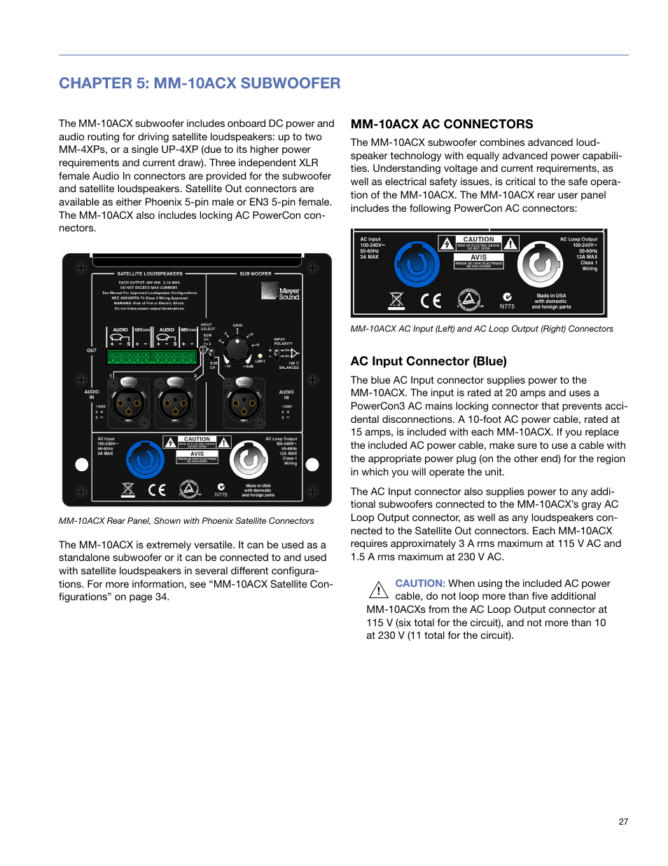 Chapter 5: mm-10acx subwoofer, Mm-10acx ac connectors, Ac input connector (blue) | Meyer Sound MM-10 User Manual | Page 27 / 56