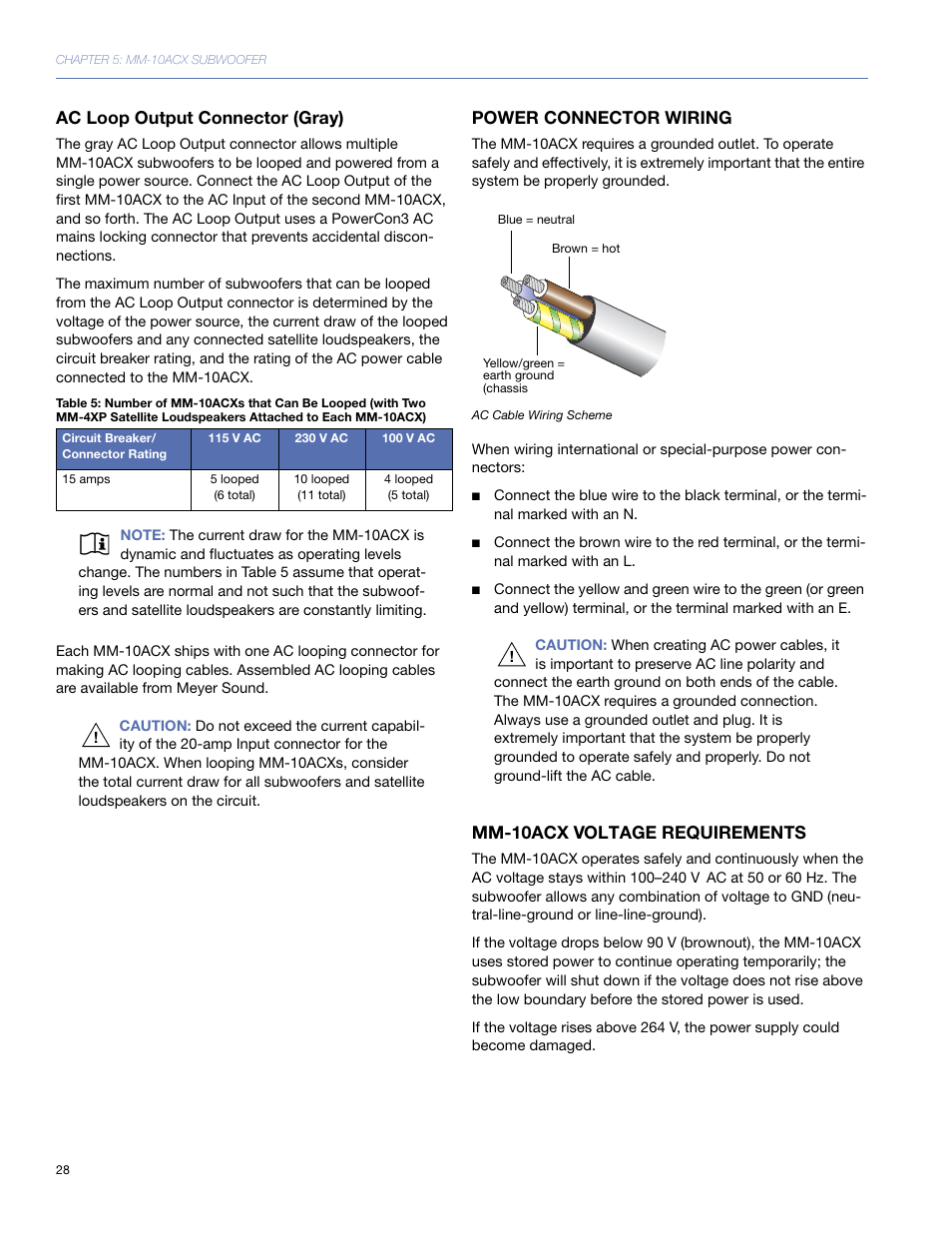 Ac loop output connector (gray), Power connector wiring, Mm-10acx voltage requirements | Meyer Sound MM-10 User Manual | Page 28 / 56