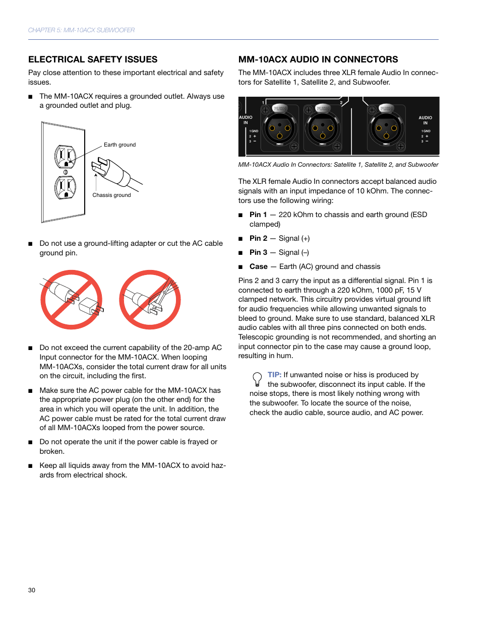 Electrical safety issues, Mm-10acx audio in connectors | Meyer Sound MM-10 User Manual | Page 30 / 56