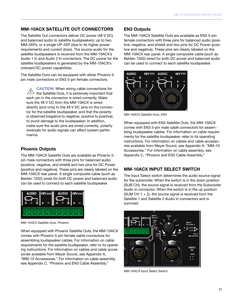 Mm-10acx satellite out connectors, Phoenix outputs, En3 outputs | Mm-10acx input select switch | Meyer Sound MM-10 User Manual | Page 31 / 56