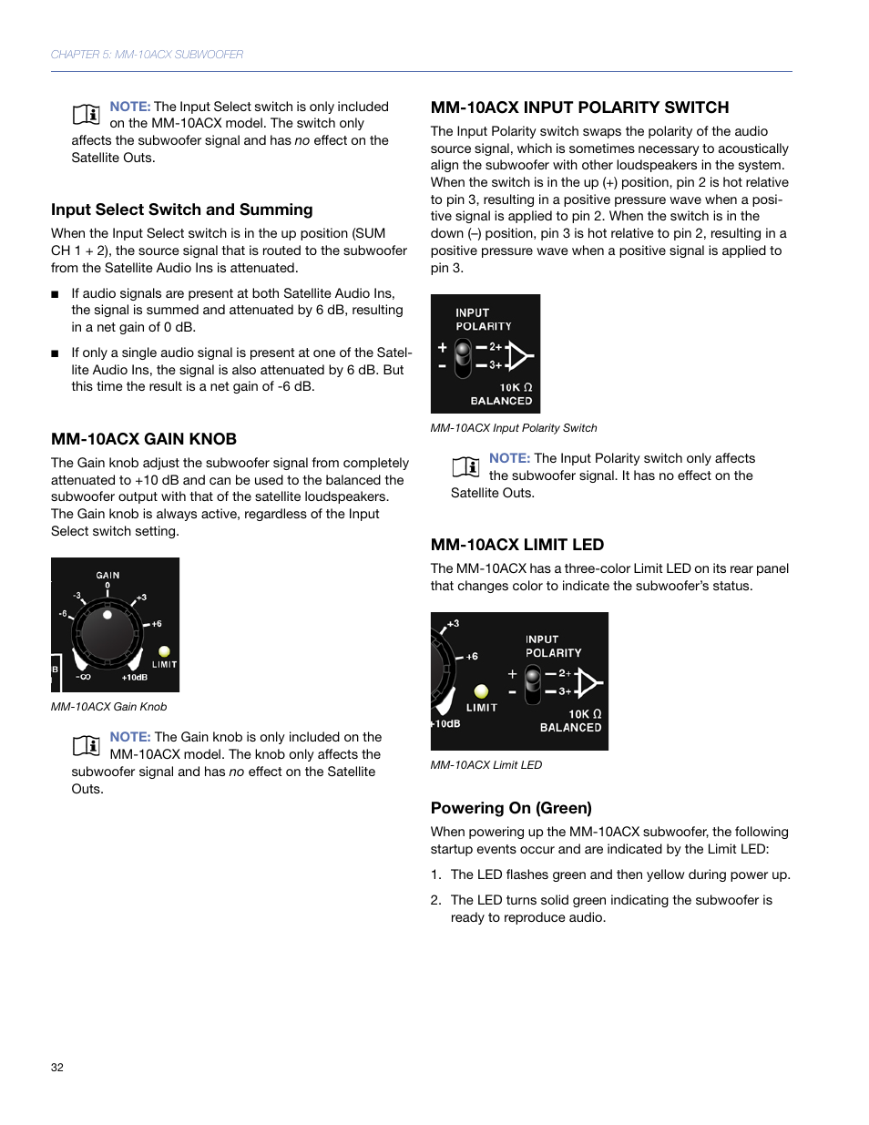 Input select switch and summing, Mm-10acx gain knob, Mm-10acx input polarity switch | Mm-10acx limit led, Powering on (green) | Meyer Sound MM-10 User Manual | Page 32 / 56