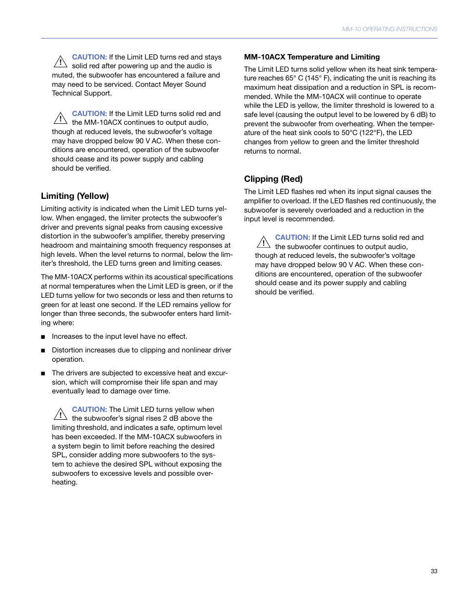 Limiting (yellow), Mm-10acx temperature and limiting, Clipping (red) | Meyer Sound MM-10 User Manual | Page 33 / 56