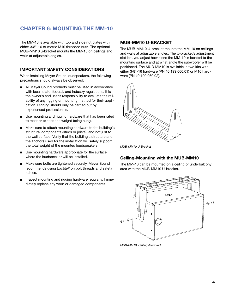 Chapter 6: mounting the mm-10, Important safety considerations, Mub-mm10 u-bracket | Ceiling-mounting with the mub-mm10 | Meyer Sound MM-10 User Manual | Page 37 / 56