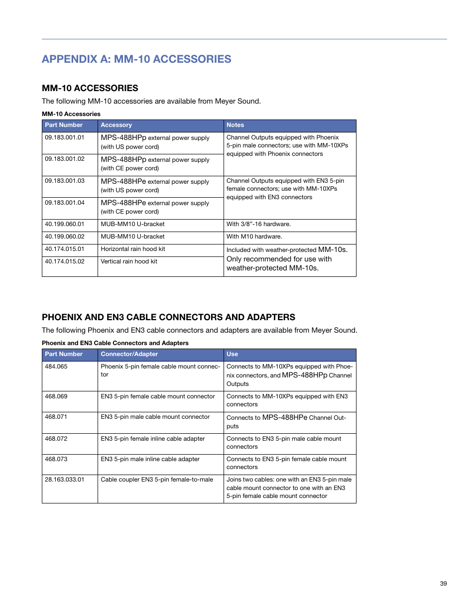 Appendix a: mm-10 accessories, Mm-10 accessories, Phoenix and en3 cable connectors and adapters | See appendix a, “mm-10 accesso- ries.” for in, See appendix a, “mm-10 accessories.” f, Om meyer sound, see appendix a, “mm-10 accessories | Meyer Sound MM-10 User Manual | Page 39 / 56