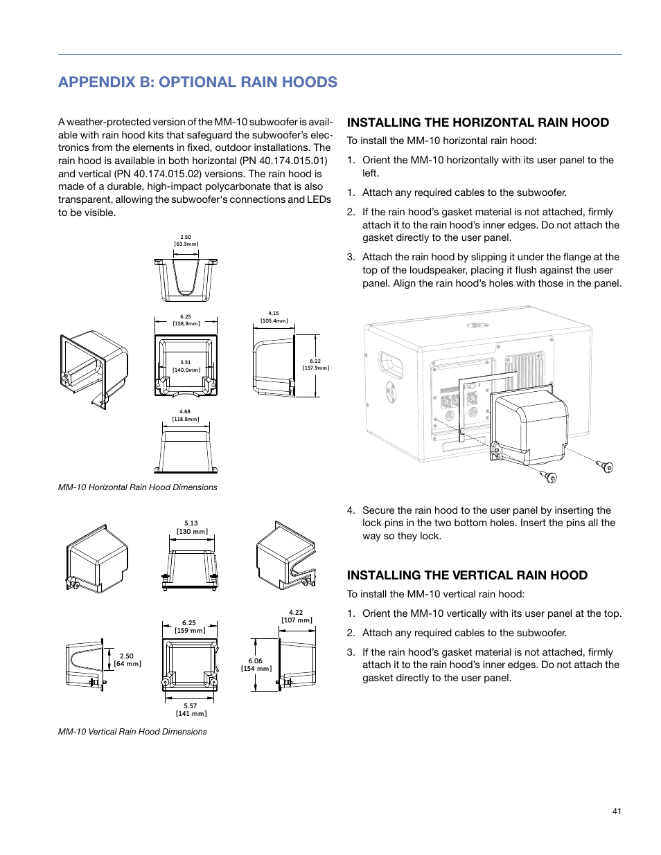 Appendix b: optional rain hoods, Installing the horizontal rain hood, Installing the vertical rain hood | Meyer Sound MM-10 User Manual | Page 41 / 56