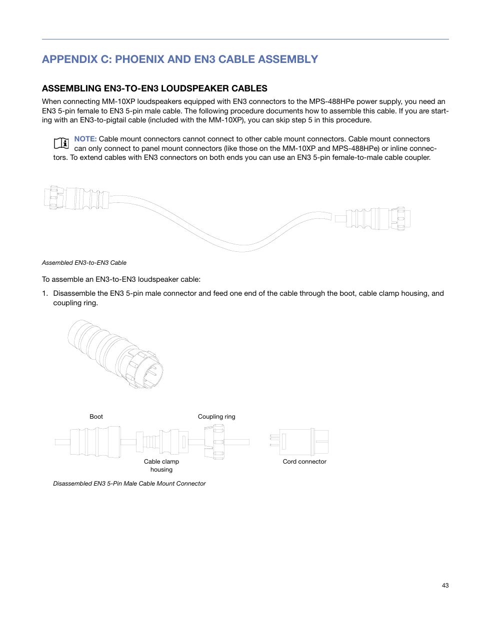 Appendix c: phoenix and en3 cable assembly, Assembling en3-to-en3 loudspeaker cables, Appendix c, “phoenix and en3 cable assembly | See appendix c, “phoenix and en3 cable assembly | Meyer Sound MM-10 User Manual | Page 43 / 56