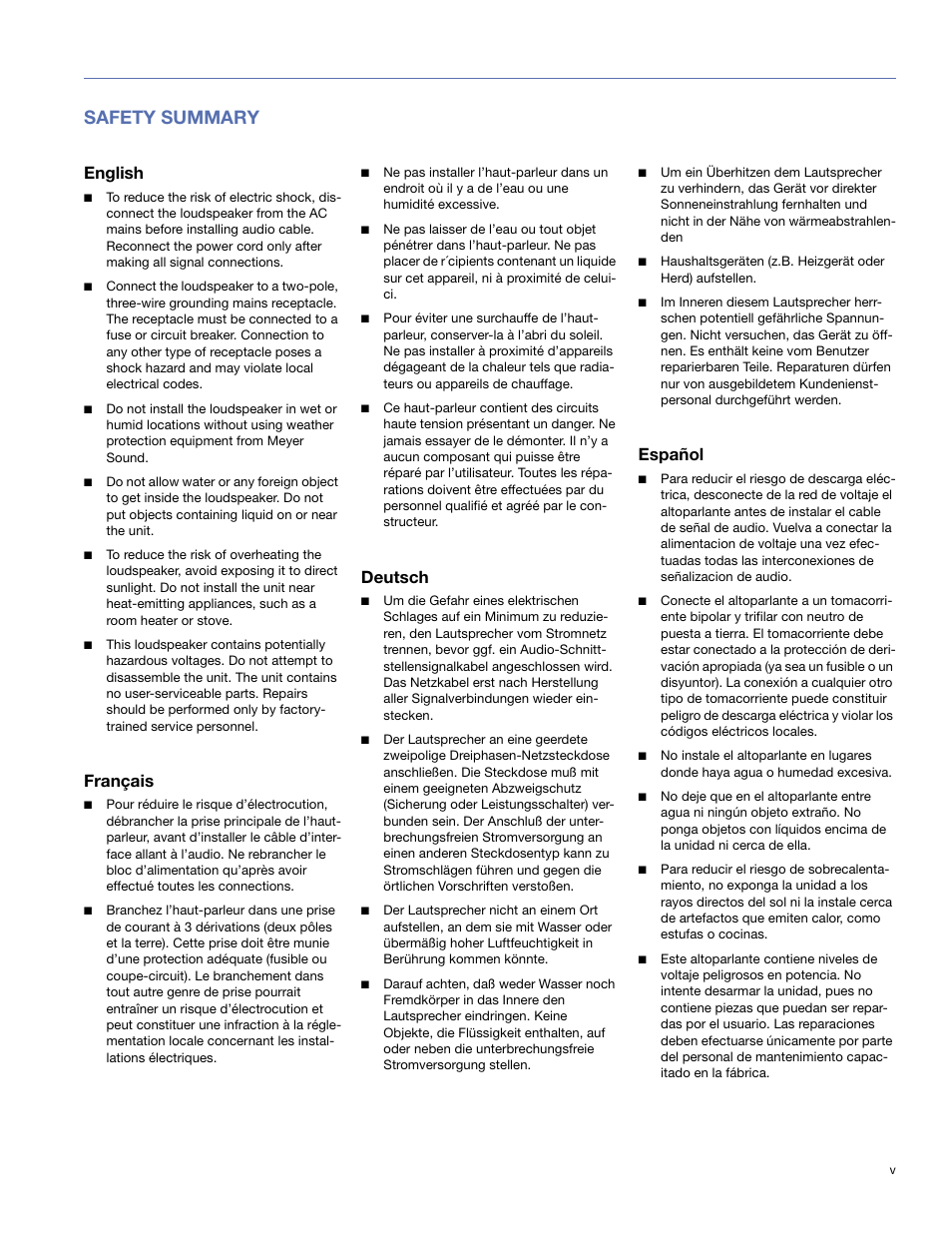 Safety summary, English, Français | Deutsch, Español | Meyer Sound MM-10 User Manual | Page 5 / 56