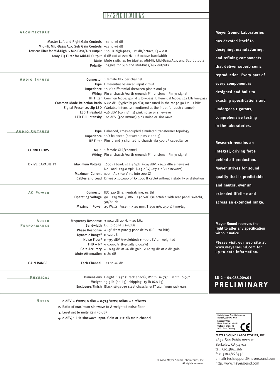 Ld-2 specifications | Meyer Sound LD-2 User Manual | Page 2 / 2