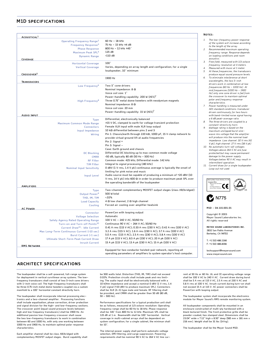M1d specifications, Architect specifications | Meyer Sound M1DTM User Manual | Page 2 / 2