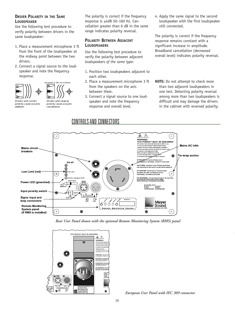 Controls and connectors, River, Olarity in the | Oudspeaker, Olarity, Etween, Djacent, Oudspeakers | Meyer Sound DS-4P User Manual | Page 10 / 12