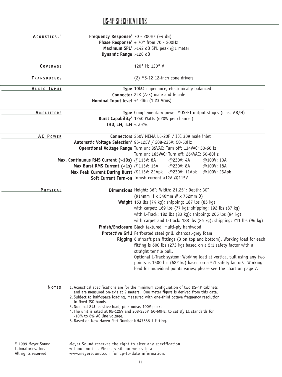 Ds-4p specifications | Meyer Sound DS-4P User Manual | Page 11 / 12