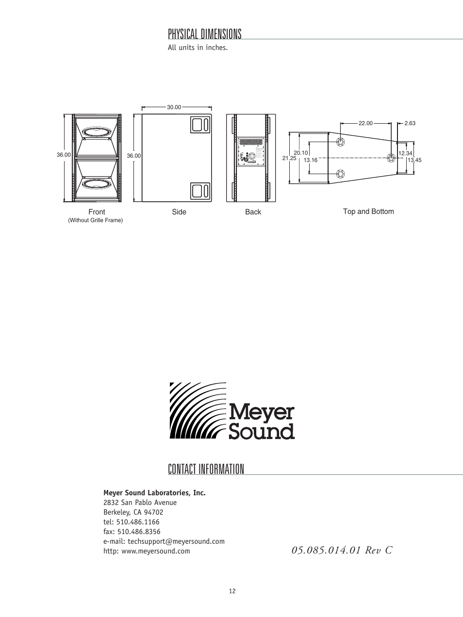 Contact information, Physical dimensions, 01 rev c | Meyer Sound DS-4P User Manual | Page 12 / 12