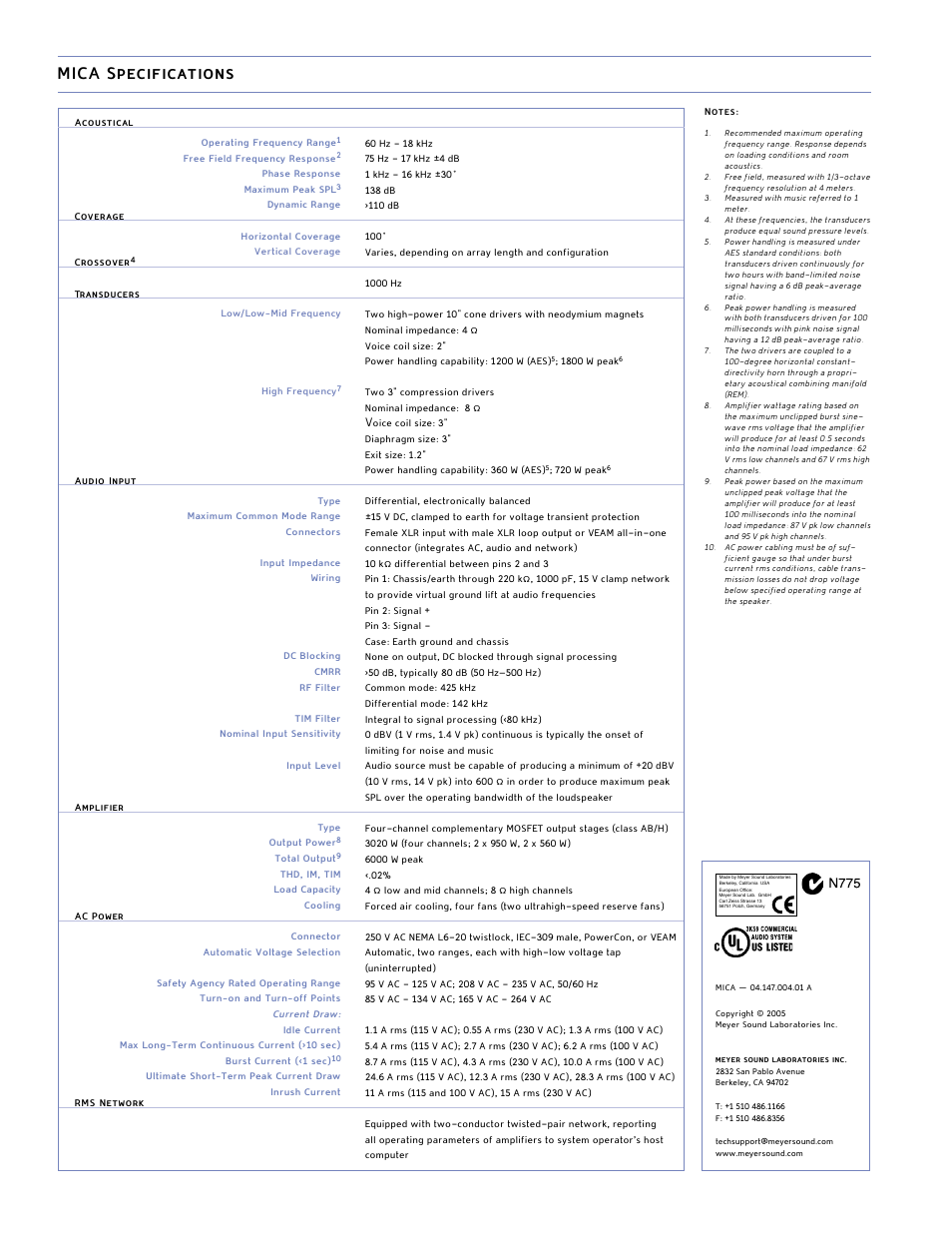 Mica specifications | Meyer Sound MICA User Manual | Page 4 / 4