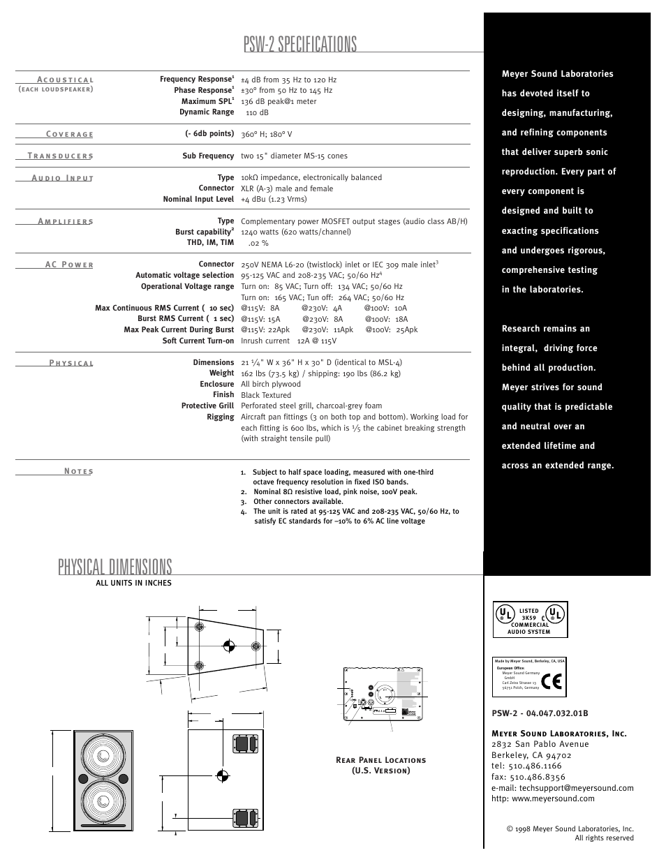 Physical dimensions psw-2 specifications | Meyer Sound PSW-2 User Manual | Page 2 / 2