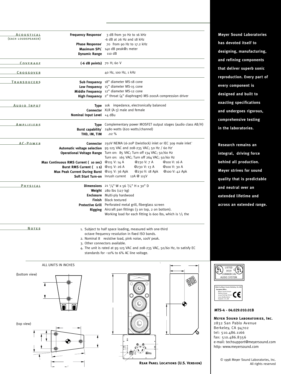 Physical dimensions mts-4 specifications | Meyer Sound Self-Powered Reinforcement Loudspeaker MTS-4 User Manual | Page 2 / 2