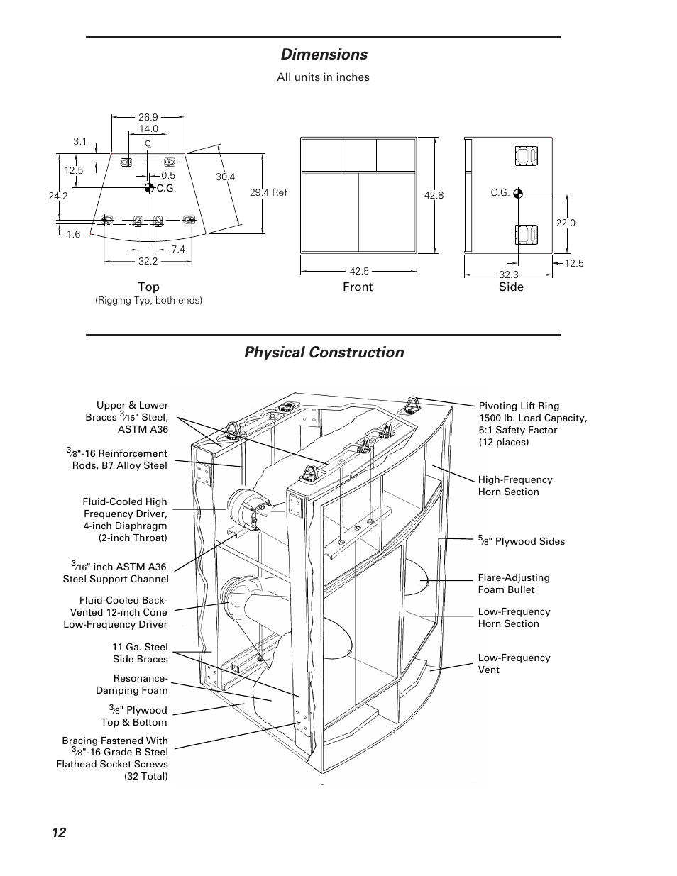 Physical construction, Dimensions | Meyer Sound MSL-6 User Manual | Page 12 / 14