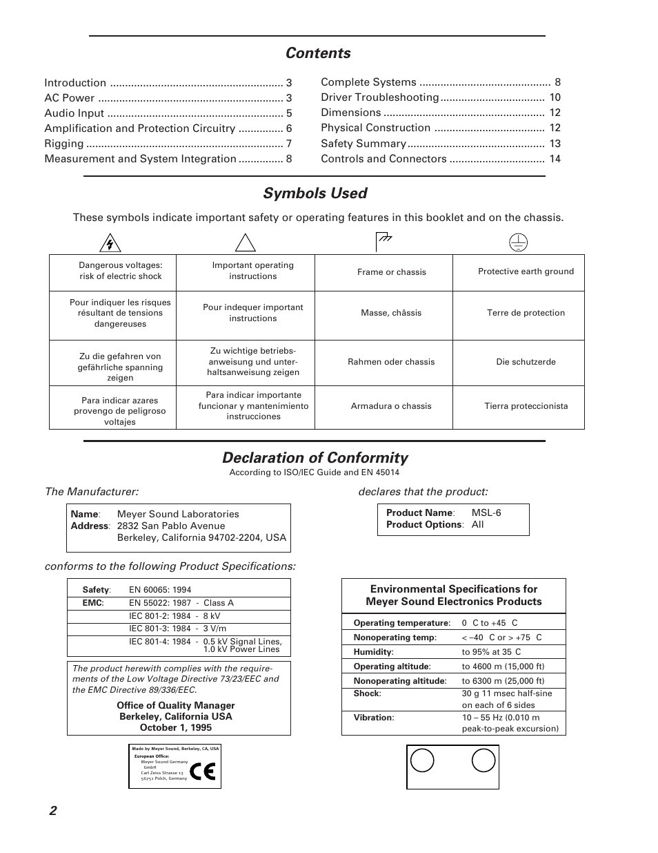 Declaration of conformity, Symbols used contents | Meyer Sound MSL-6 User Manual | Page 2 / 14