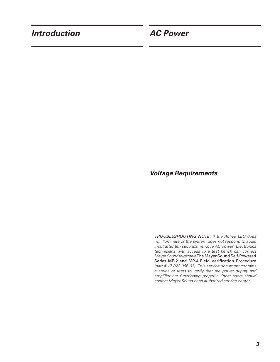 Introduction, Ac power, Voltage requirements | Meyer Sound MSL-6 User Manual | Page 3 / 14