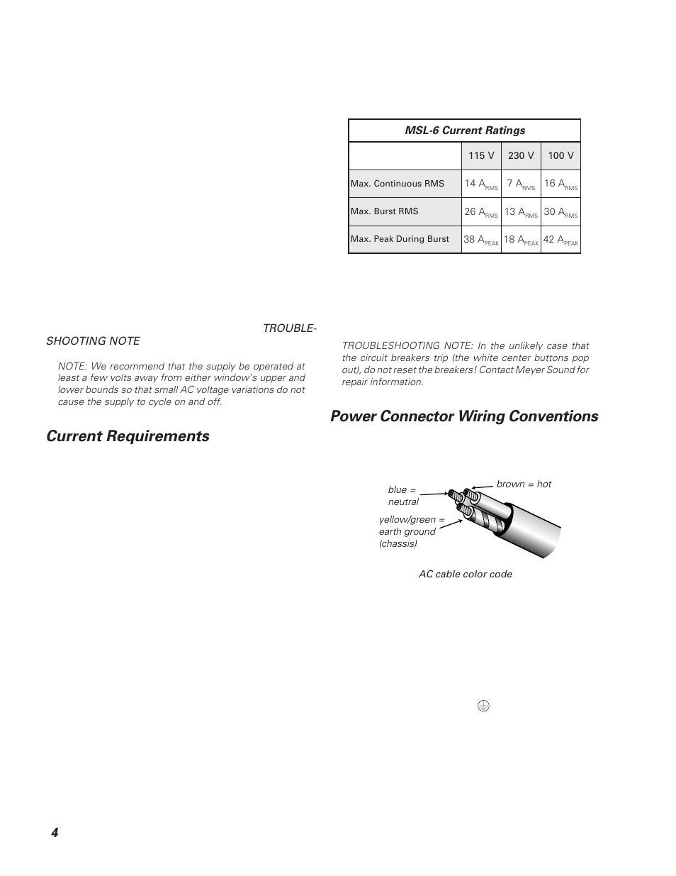 Current requirements, Power connector wiring conventions | Meyer Sound MSL-6 User Manual | Page 4 / 14