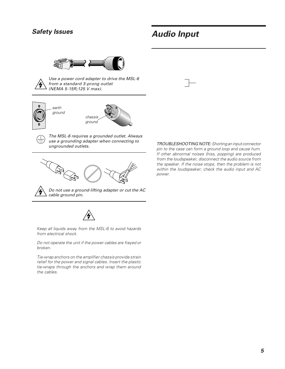 Audio input, Safety issues | Meyer Sound MSL-6 User Manual | Page 5 / 14