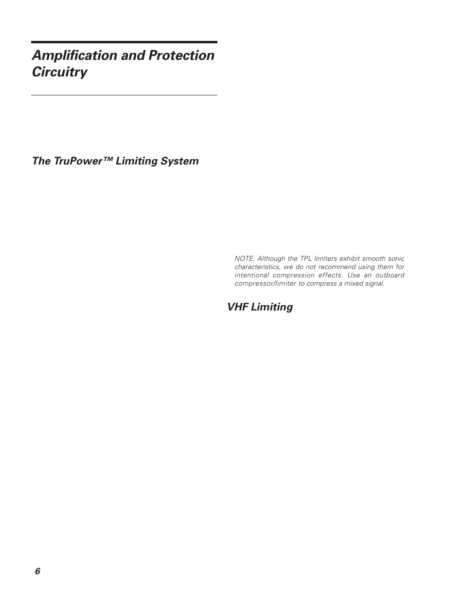Amplification and protection circuitry, The trupower™ limiting system, Vhf limiting | Meyer Sound MSL-6 User Manual | Page 6 / 14