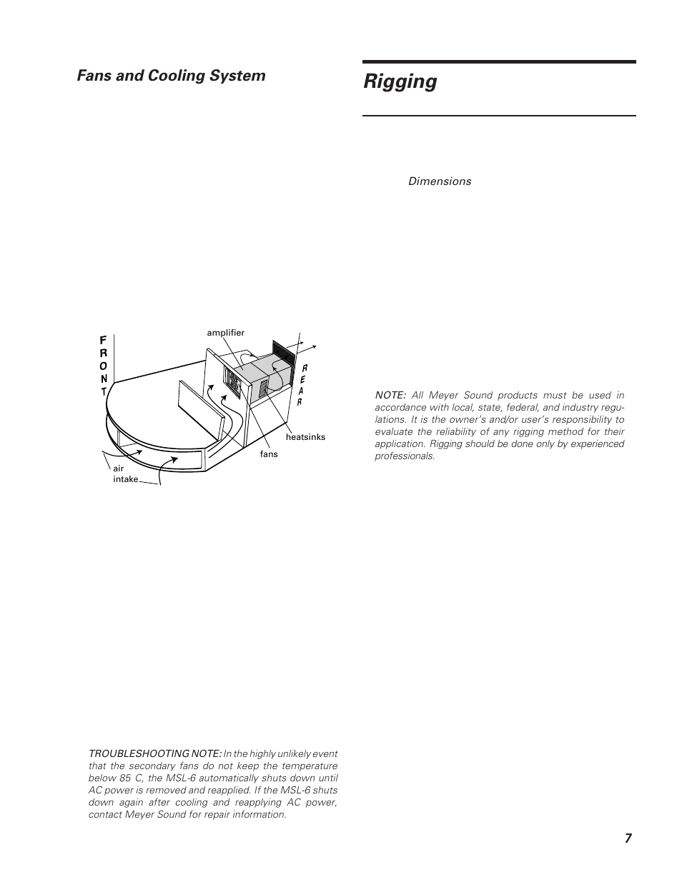 Rigging, Fans and cooling system | Meyer Sound MSL-6 User Manual | Page 7 / 14