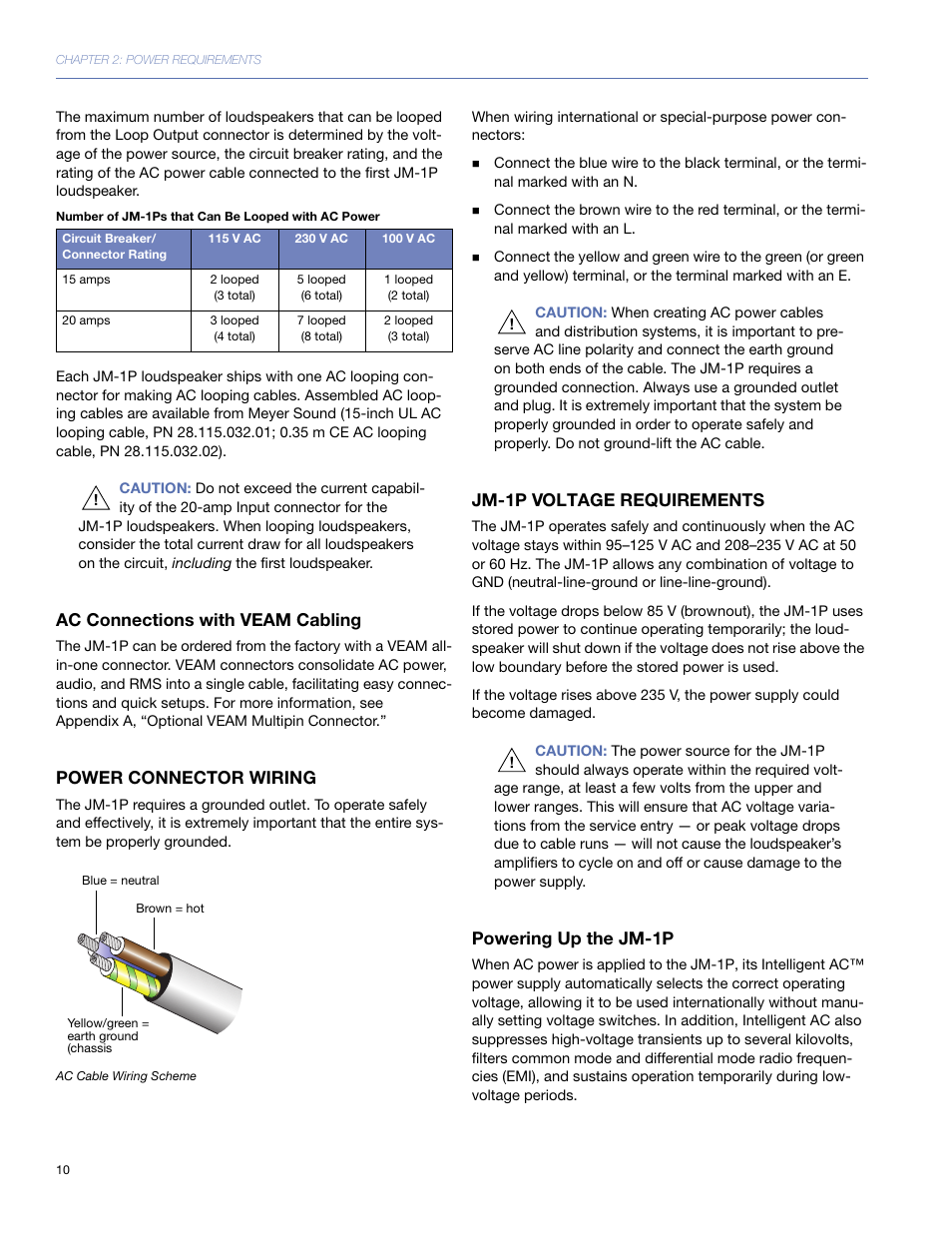 Ac connections with veam cabling, Power connector wiring, Jm-1p voltage requirements | Powering up the jm-1p | Meyer Sound JM-1P User Manual | Page 10 / 44