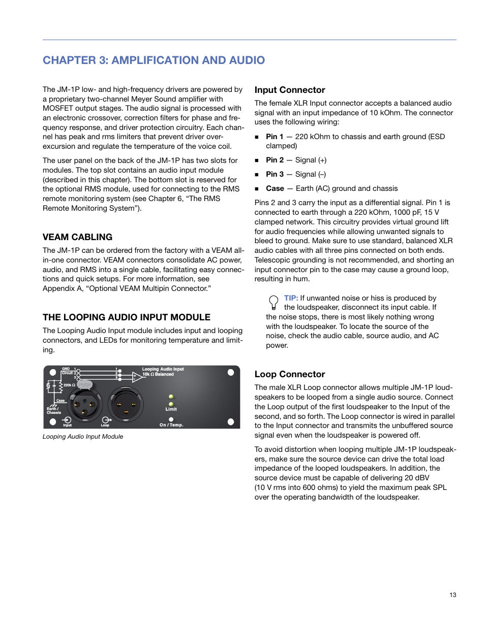 Chapter 3: amplification and audio, Veam cabling, The looping audio input module | Input connector, Loop connector | Meyer Sound JM-1P User Manual | Page 13 / 44