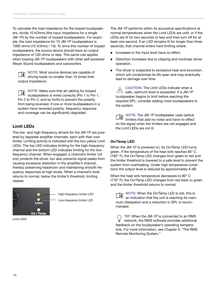 Limit leds, On/temp led | Meyer Sound JM-1P User Manual | Page 14 / 44