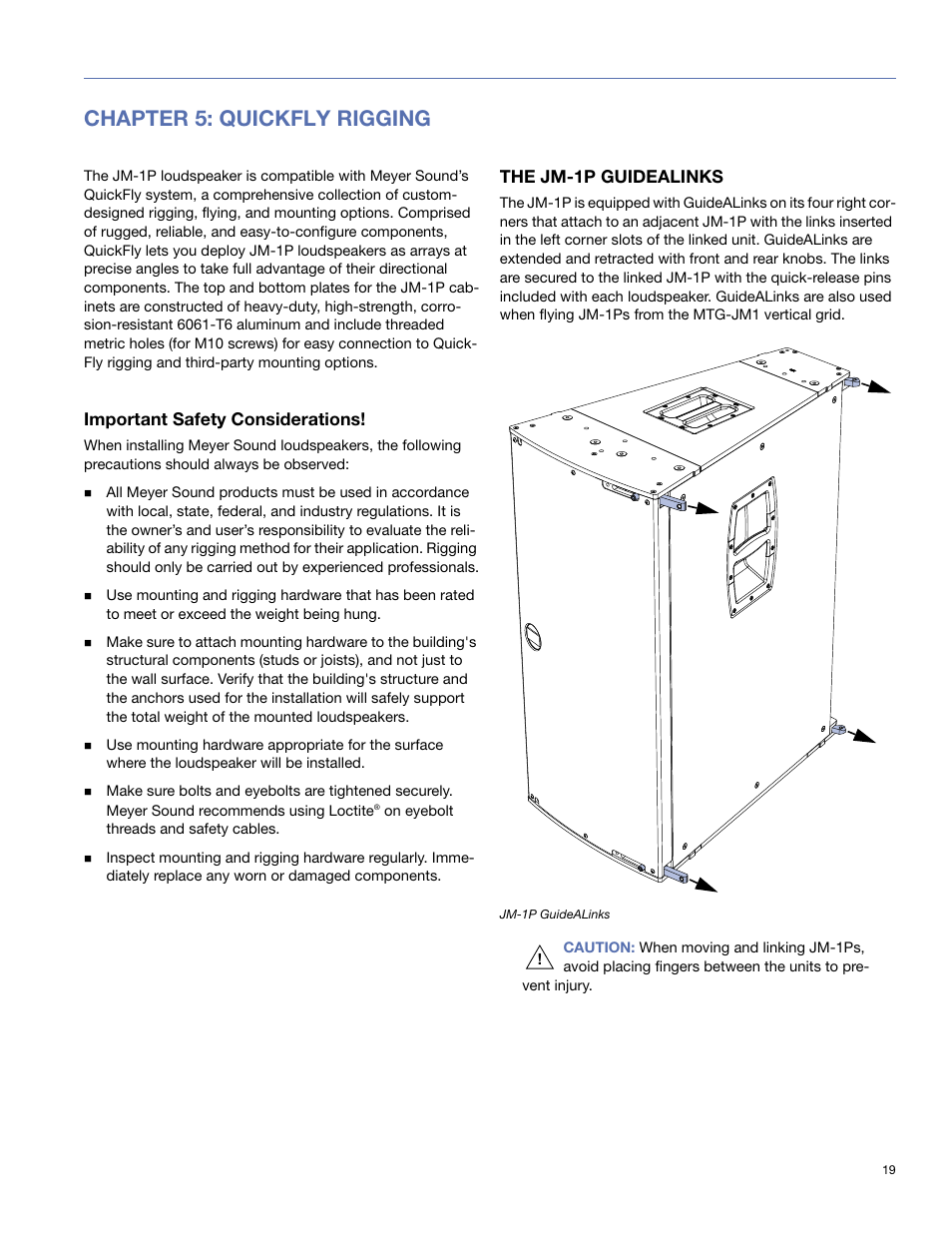 Chapter 5: quickfly rigging, Important safety considerations, The jm-1p guidealinks | Chapter 5: quickfly | Meyer Sound JM-1P User Manual | Page 19 / 44