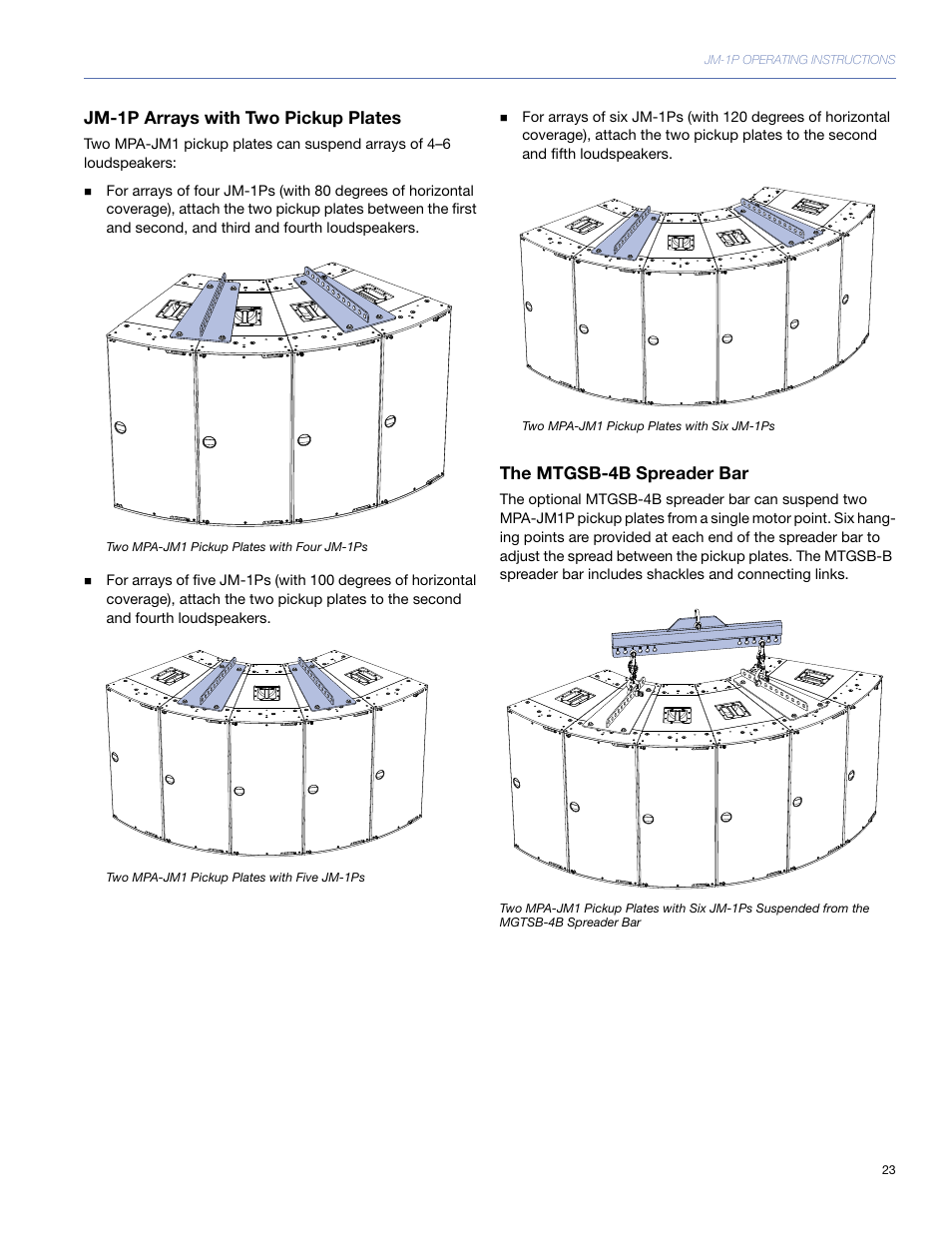 Jm-1p arrays with two pickup plates, The mtgsb-4b spreader bar | Meyer Sound JM-1P User Manual | Page 23 / 44