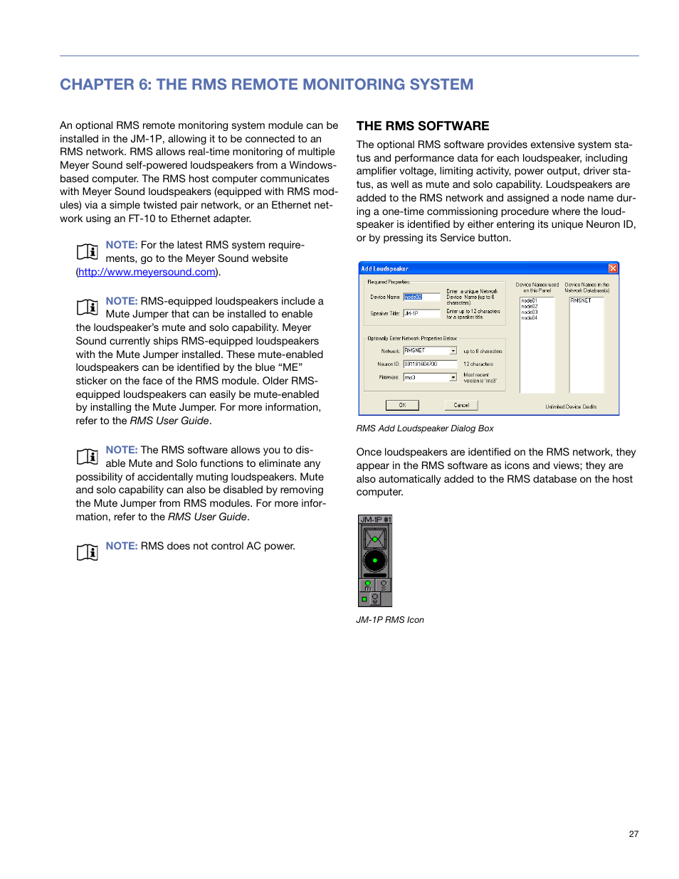 Chapter 6: the rms remote monitoring system, The rms software, Chapter 6: the rms™ remote monitoring system | Meyer Sound JM-1P User Manual | Page 27 / 44