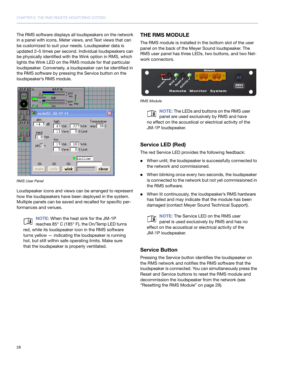 The rms module, Service led (red), Service button | Meyer Sound JM-1P User Manual | Page 28 / 44