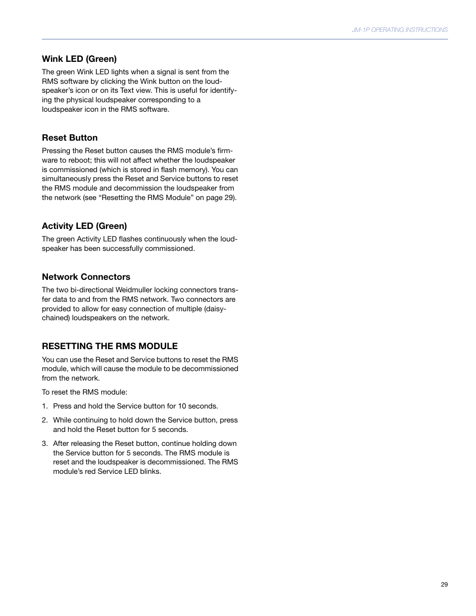 Wink led (green), Reset button, Activity led (green) | Network connectors, Resetting the rms module | Meyer Sound JM-1P User Manual | Page 29 / 44