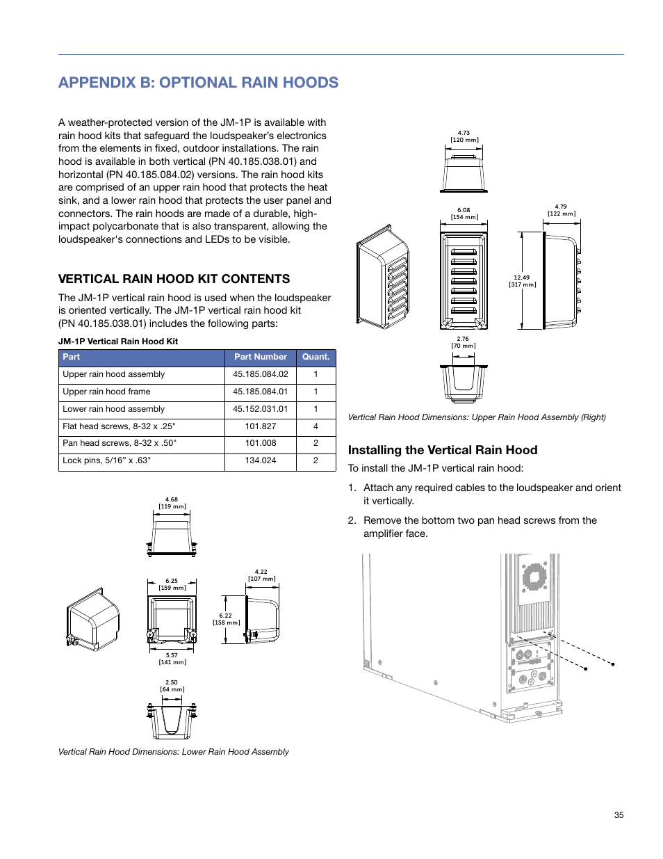 Appendix b: optional rain hoods, Vertical rain hood kit contents, Installing the vertical rain hood | Meyer Sound JM-1P User Manual | Page 35 / 44
