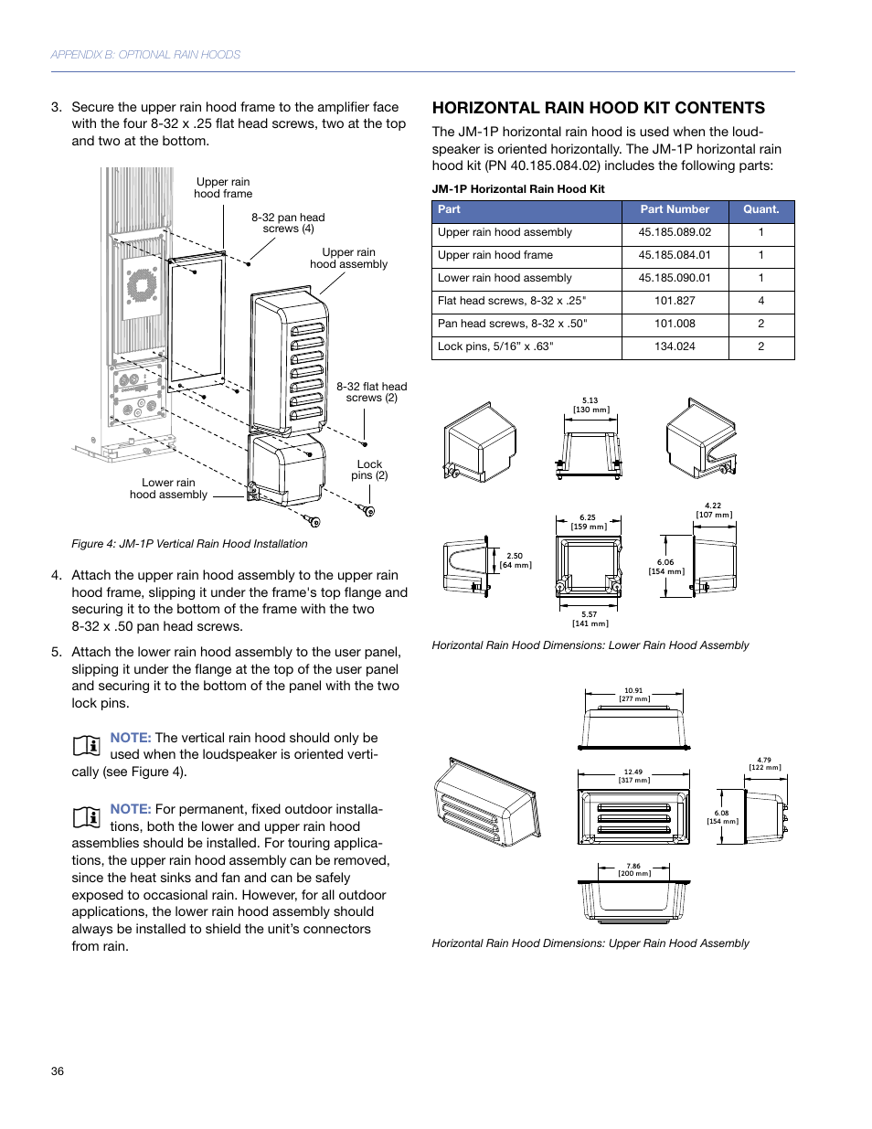 Horizontal rain hood kit contents | Meyer Sound JM-1P User Manual | Page 36 / 44