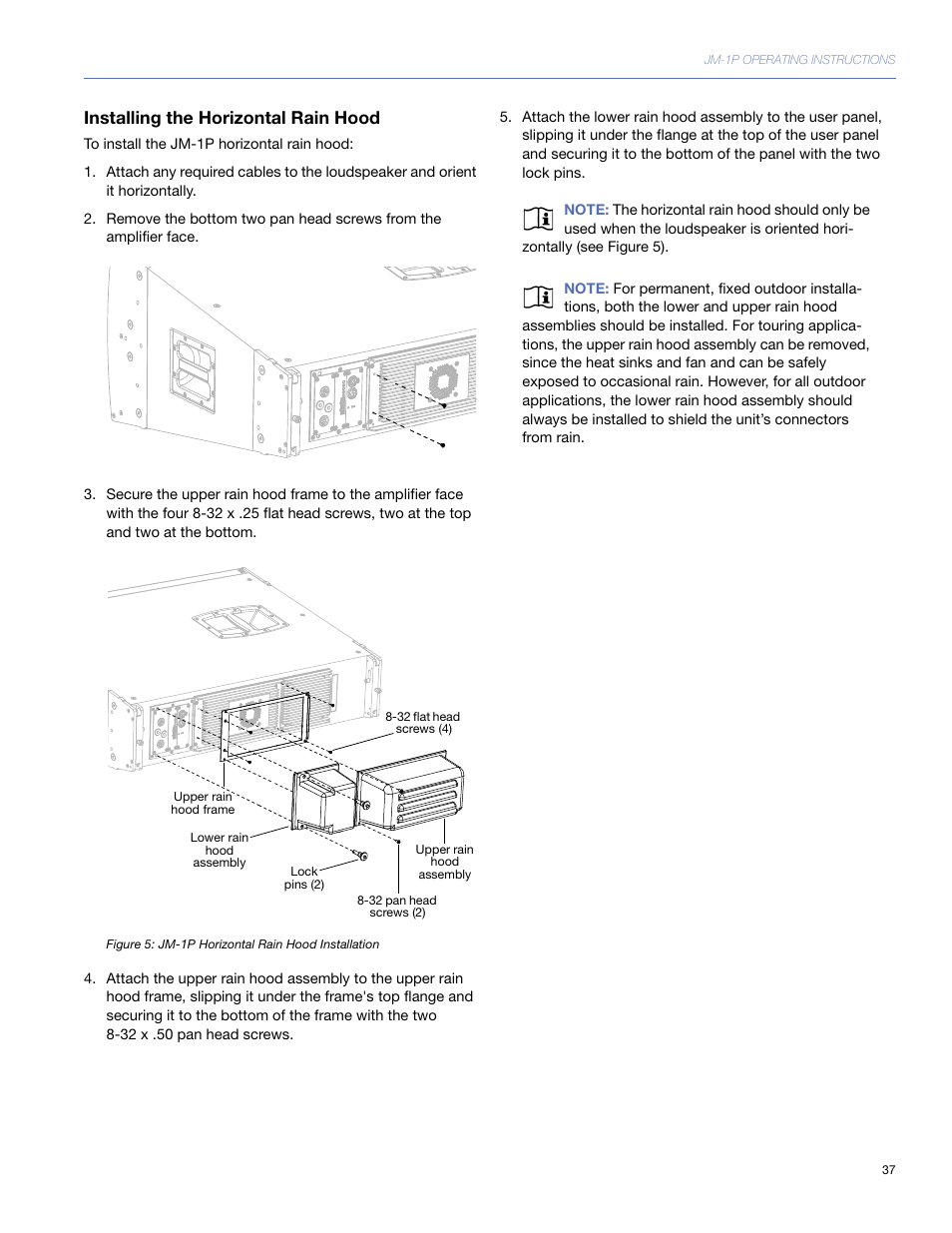 Installing the horizontal rain hood | Meyer Sound JM-1P User Manual | Page 37 / 44