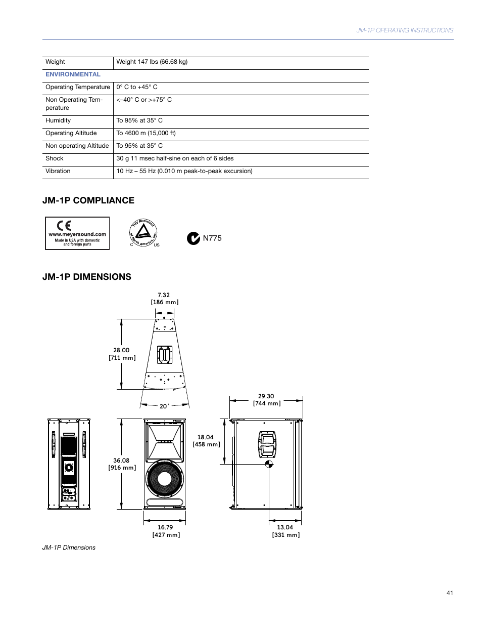 Jm-1p compliance, Jm-1p dimensions, Jm-1p compliance jm-1p dimensions | Meyer Sound JM-1P User Manual | Page 41 / 44