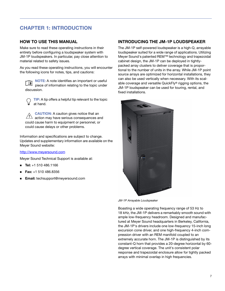 Chapter 1: introduction, How to use this manual, Introducing the jm-1p loudspeaker | Meyer Sound JM-1P User Manual | Page 7 / 44