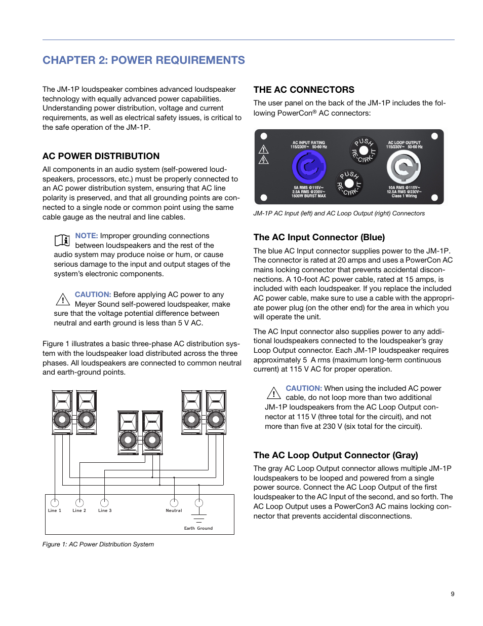 Chapter 2: power requirements, Ac power distribution, The ac connectors | The ac input connector (blue), The ac loop output connector (gray) | Meyer Sound JM-1P User Manual | Page 9 / 44