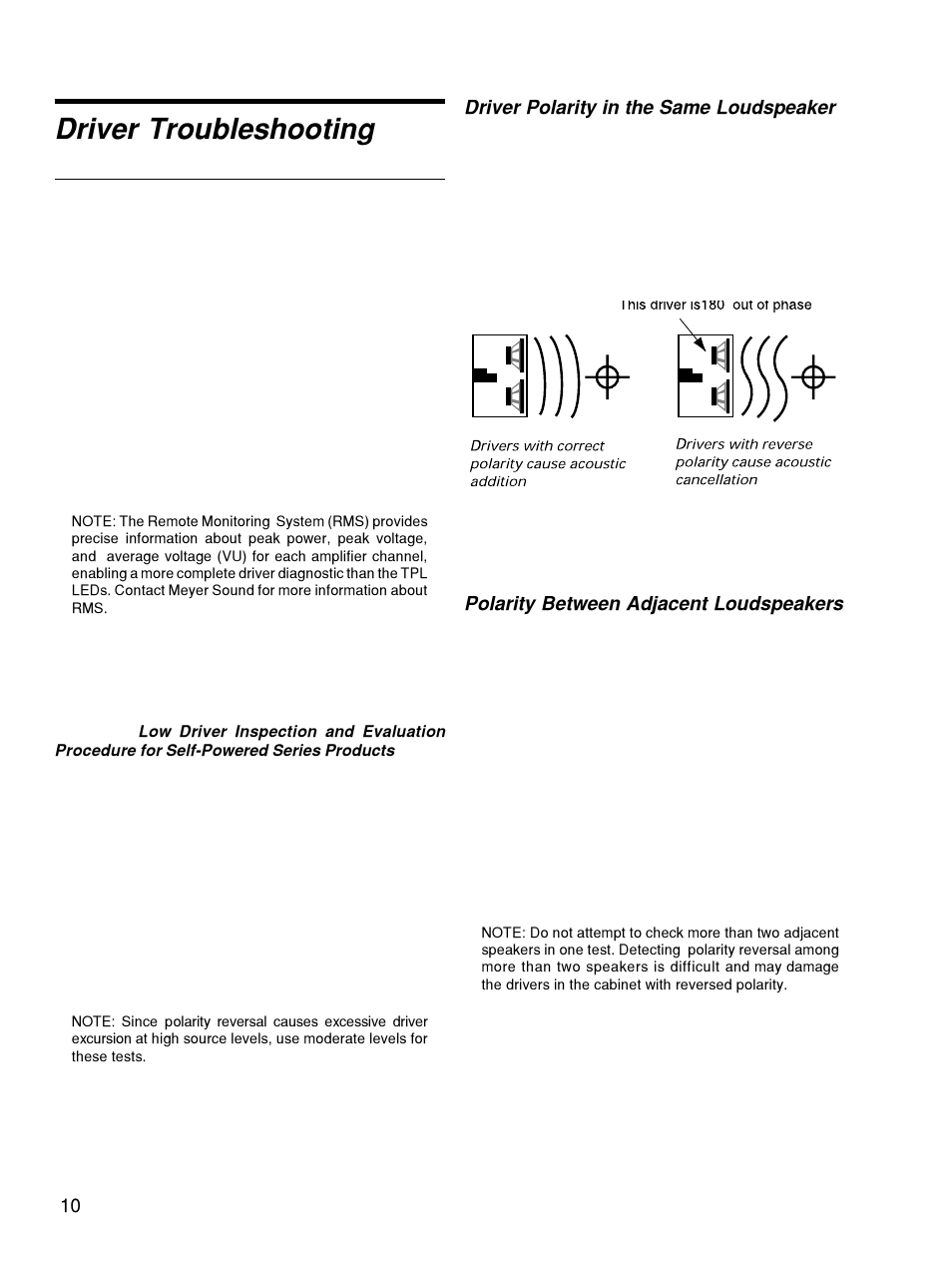 Driver troubleshooting, Troubleshooting with tpl, Driver replacement | Verifying driver polarity | Meyer Sound 650-P User Manual | Page 10 / 16