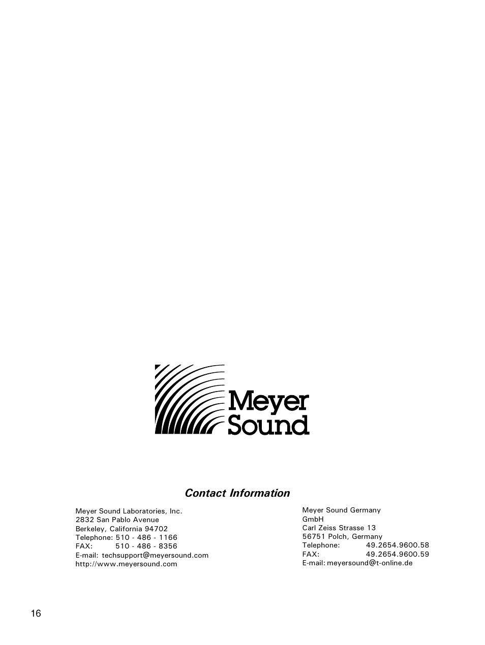 Contact information | Meyer Sound 650-P User Manual | Page 16 / 16