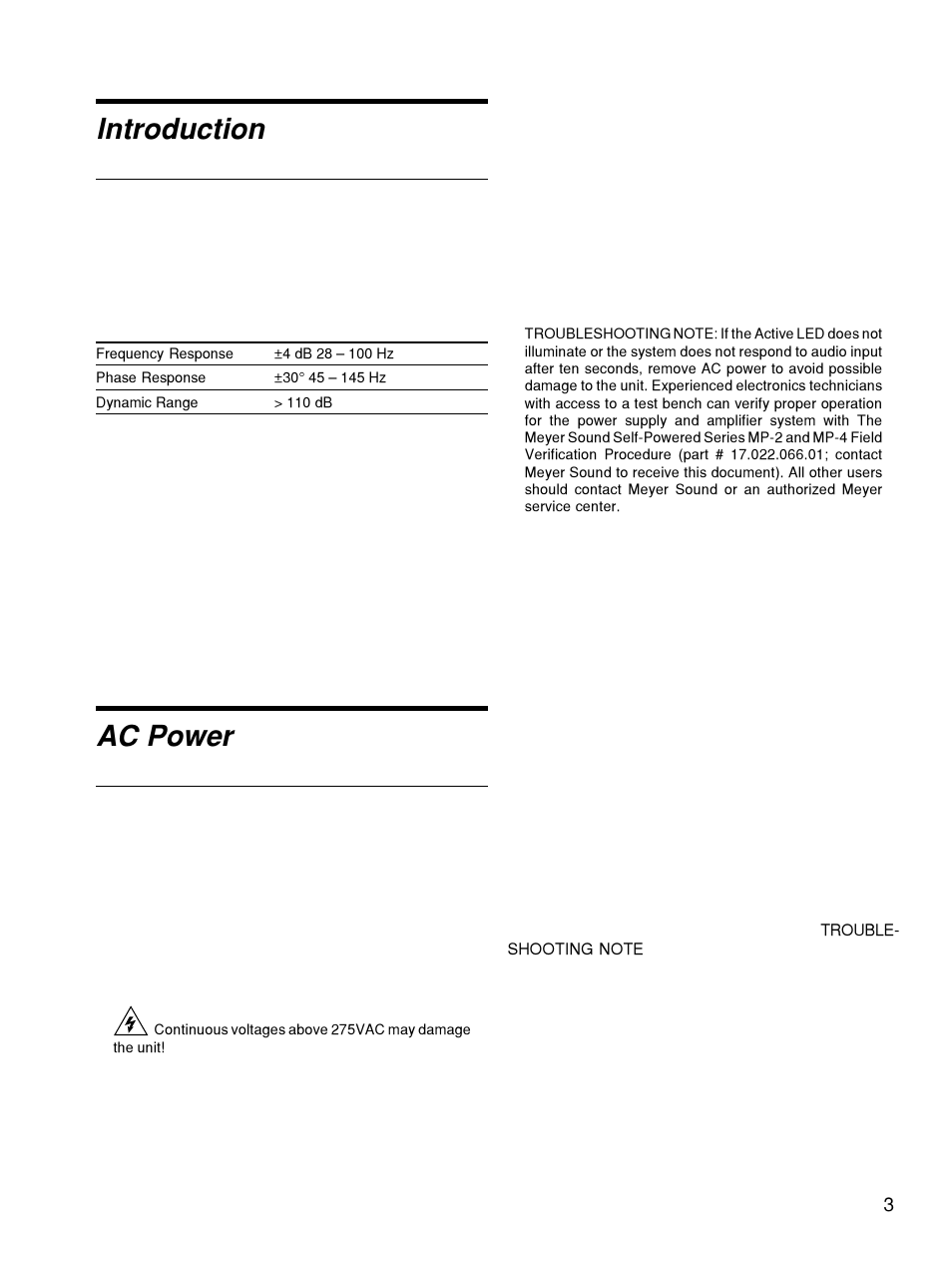 Introduction, Ac power, Voltage requirements | Meyer Sound 650-P User Manual | Page 3 / 16